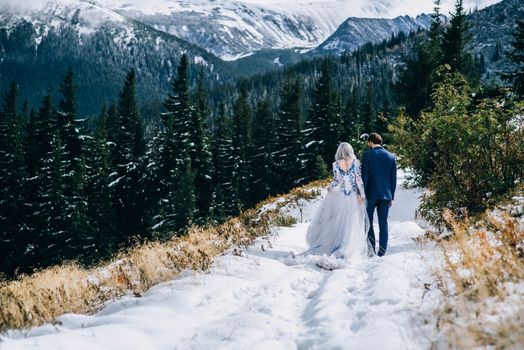 groom in a blue suit and bride in white, embroidered with blue pattern, dress on a background of green pine forests in the mountains of the Carpathians