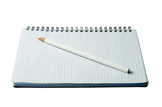 open notebook with pencil on a white background