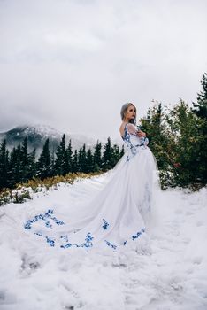 groom in a blue suit and bride in white, embroidered with blue pattern, dress on a background of green pine forests in the mountains of the Carpathians