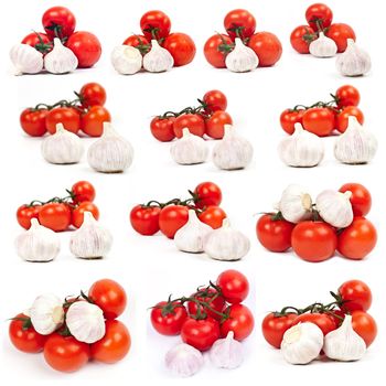 collage of tomato and garlic on a light background