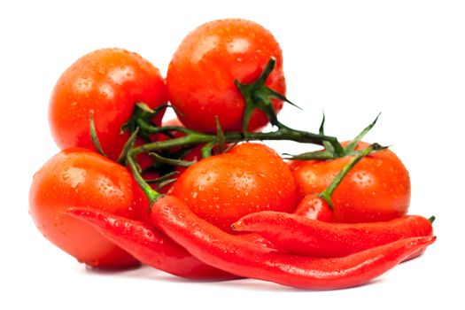 tomatoes and hot peppers on a white background