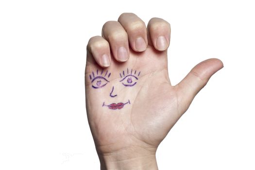 Female hand with painted eyes and lips