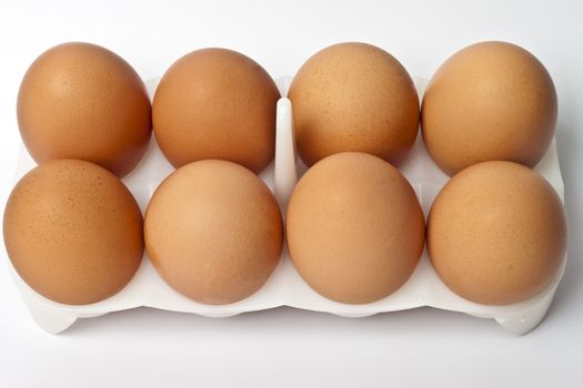 8 eggs in a box on a light background