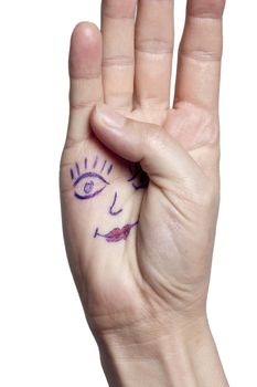 Female hand with painted eyes and lips