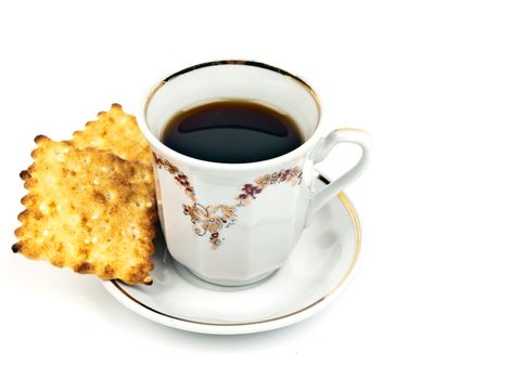 cup of coffee and cookies on a white background close-up