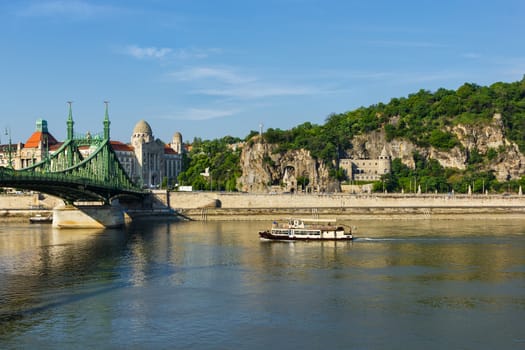 Gellert zone and Liberty bridge over Danube in Budapest Hungary