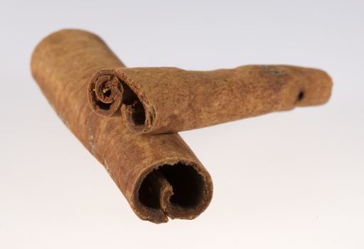 Stacked Cinnamon Sticks close up on a white background.