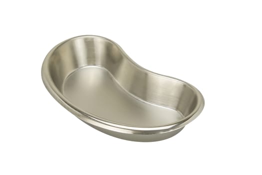 Stainless steel kidney-shaped bowl placed supine isolated on white background.