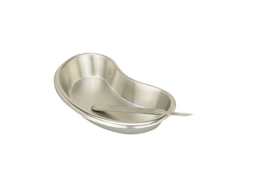 Stainless steel blade in kidney-shaped bowl placed supine isolated on white background.
