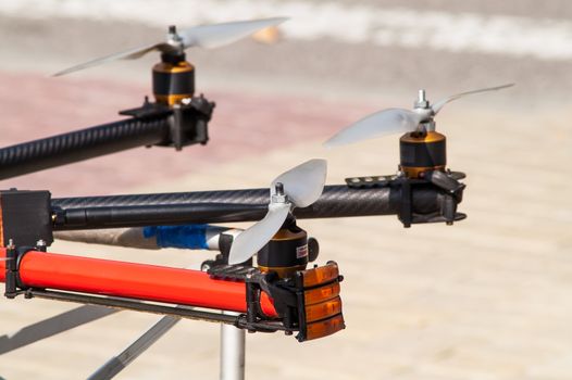 Propeller closeup drone before the flight on the ground