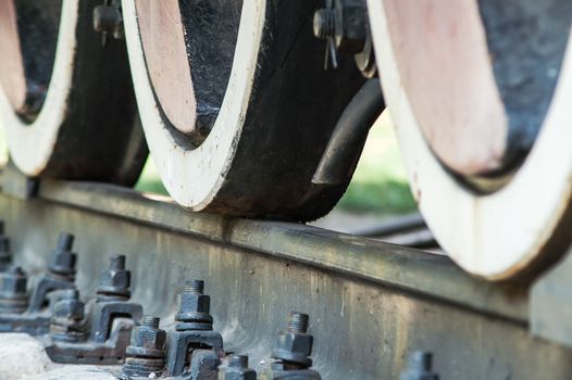 close-up train wheel brake on the railway