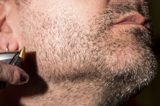 Hairdresser, cutting beard of his customer with scissors and shave in the salon