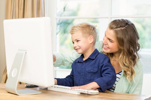 Mother and son using the computer at home