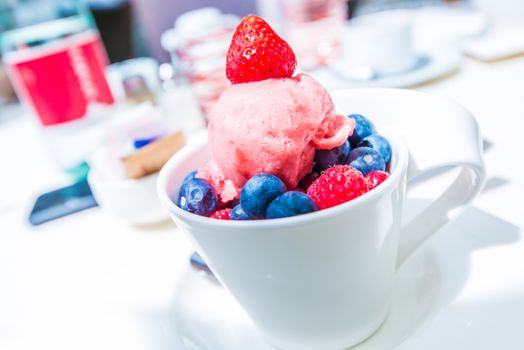 Berry Fruits and Ice Cream. Blueberries, Raspberries and Strawberry Fruits Dessert.