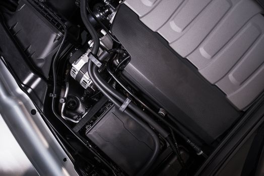 Modern Vehicle Engine Closeup Photo. Powerful Car Engine.