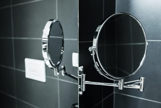 Elegant Stylish Magnifying Mirror Mirroring in Traditional Bath Mirror. Bathroom Accessories.