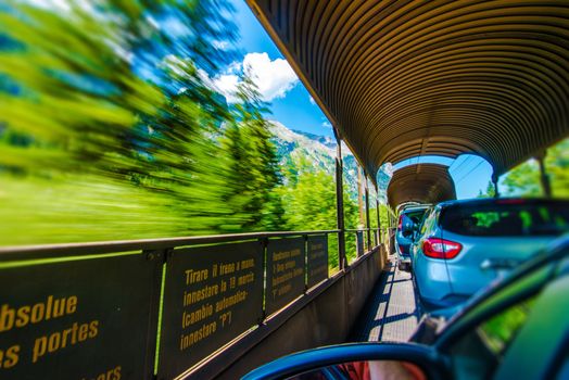 Motorail Trip in Switzerland. Railroad Cars Transport.
