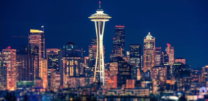 Seattle Night Skyline in Panoramic Photography. Seattle, Washington, United States.