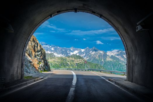 Scenic Swiss Alps Drive. Mountain Pass Tunnel in the Switzerland Alp Mountains.