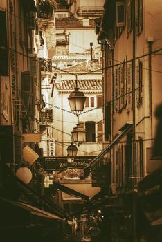 The Rue Meynadier is the Shopping Street, Popular and Historic Cannes, France, Europe. Sepia Color Grading. European Architecture.