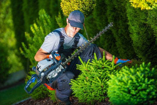 Trimming Works in a Garden. Professional Gardener with His Pro Garden Equipment During His Work. Gasoline Plants Trimmer Equipment.