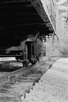 Beautiful black and white close-up of the moving train 