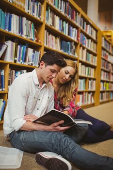 Smiling students working together on floor in library 