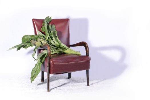 A nice four  artichokes with broad leaves resting on the kitchen chair before being cooked.
