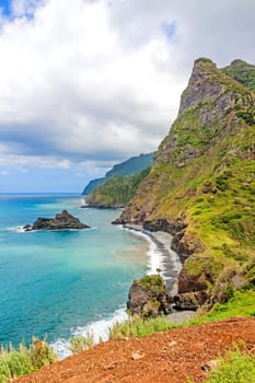 View of coast and ocean in the north near Boaventura, Madeira island, Portugal