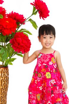 Chinese little girl wearing in Red posing with flowers greeting for Chinese New Year in isolated white background.