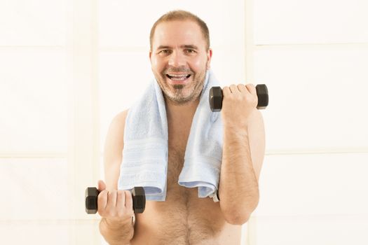 fitness gym mature beard man with weight, isolated white background