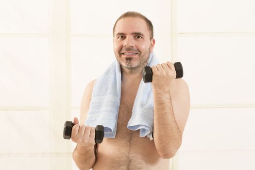 fitness gym mature beard man with weight, isolated white background