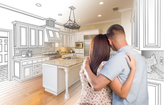 Young Military Couple Looking Inside Custom Kitchen and Design Drawing Combination.