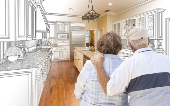 Senior Couple Looking Over Custom Kitchen Design Drawing and Photo Combination.