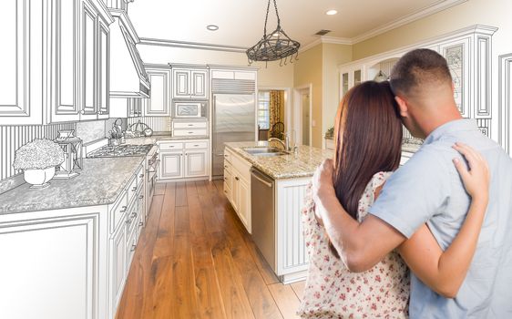 Young Military Couple Looking Inside Custom Kitchen and Design Drawing Combination.