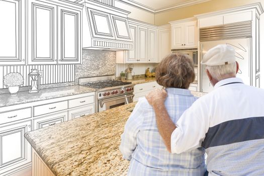 Senior Couple Looking Over Custom Kitchen Design Drawing and Photo Combination.