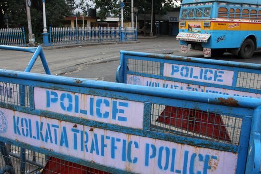 Barriers at the street ready for use by police on Nov 25, 2012 in Kolkata, India. Barrieres are placed all over Kolkata in case of demonstrations.