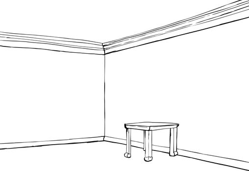 Empty room with white walls and little table