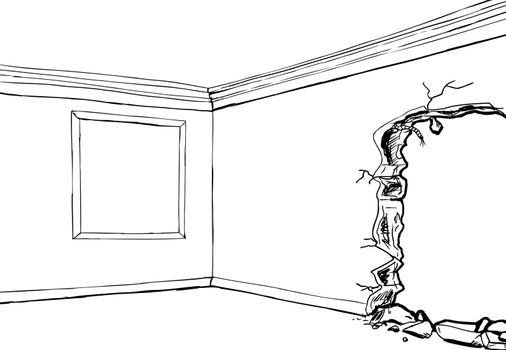Outline drawing of room with empty picture frame and partially destroyed wall