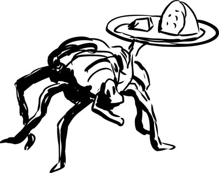 Outlined sketch of single spider as waiter carrying tray of bread and cheese