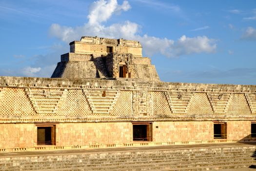 Detail of ancient Mayan architecture in Uxmal archeological site, Mexico