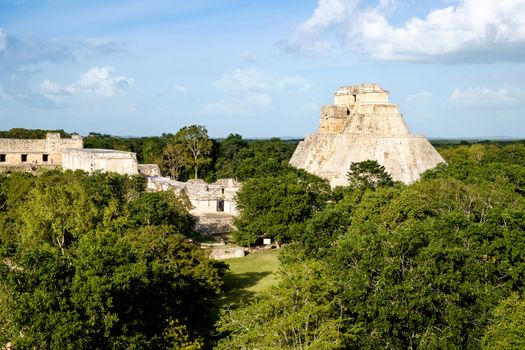 Landscape view of Uxmal archeological site with pyramids and ruins, Mexico