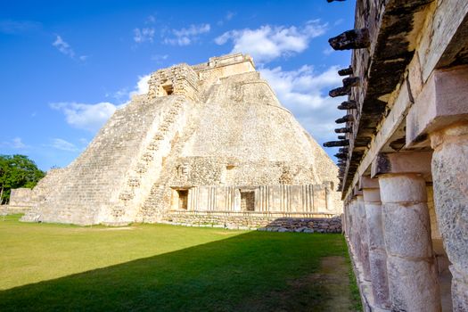 View of prehistoric Mayan Uxmal pyramid ruins in Mexico