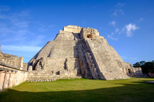 Scenic view of prehistoric Mayan pyramid in Uxmal, Mexico
