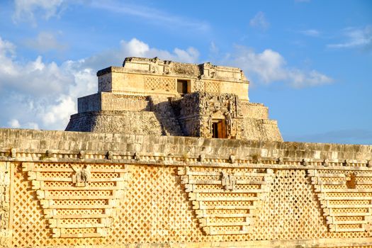 Detail of ancient Mayan architecture in Uxmal archeological site, Mexico