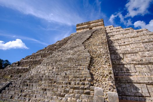 Detail view of Mayan pyramid El Castillo in Chichen Itza ruins, Mexico