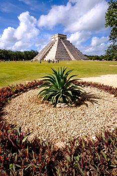 Landscape view of famous Chichen Itza pyramid with cactus in foreground, Mexico