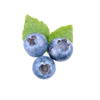 Ripe blueberries and leaves isolated on white background
