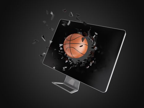 basketball destroy computer screen, technology background