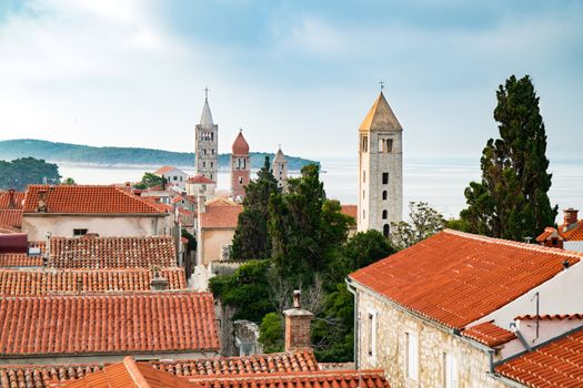 View of the town of Rab, Croatian tourist resort famous for its four bell towers.